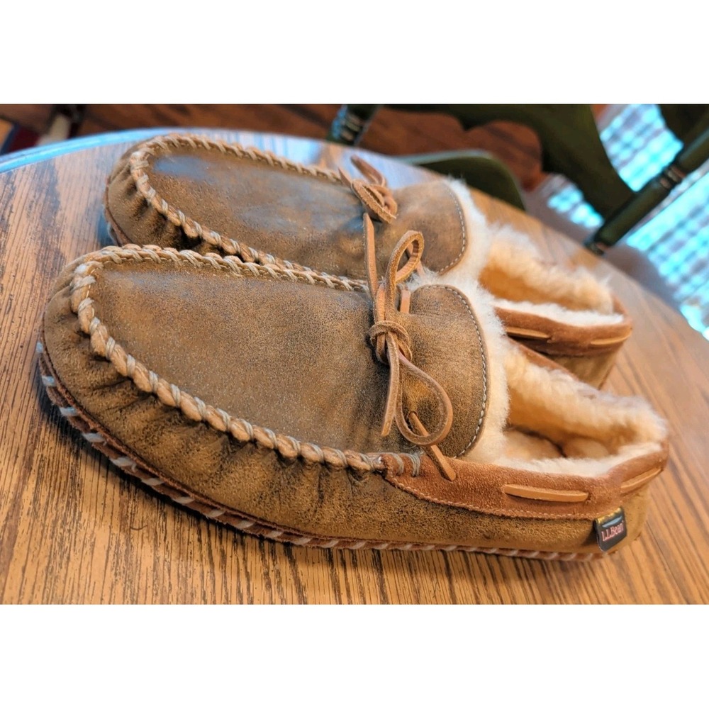 LL Bean Wicked Good Moccasins 12 Brown Cabin Core Suede Shearling Slippers